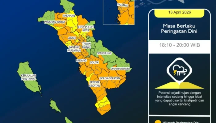 BMKG Keluarkan Peringatan Dini Cuaca Ekstrem di Sumatera Barat, Puluhan Kecamatan Berpotensi Hujan Lebat Disertai Petir